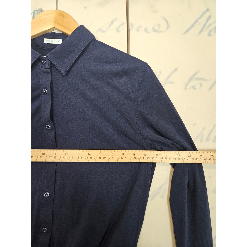 Buttercloth Icy Cotton LS Blouse Large Navy Blue Pre-Tucked Knit Button Down - Picture 6 of 8